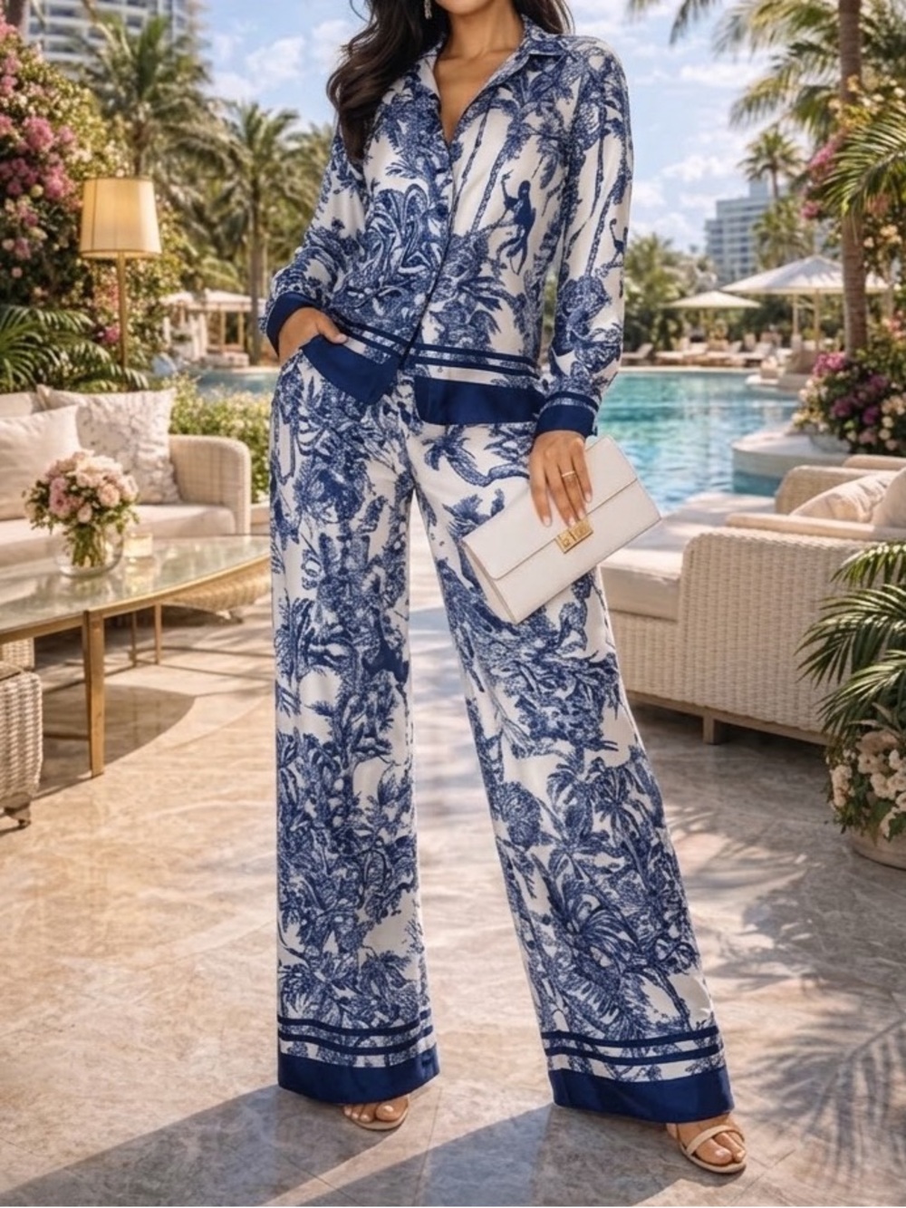 Animal Print Shirt and Pants Italian Set OS Blue